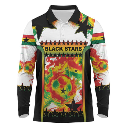 Custom Ghana Football Long Sleeve Polo Shirt African Pride Flag Colors Flame