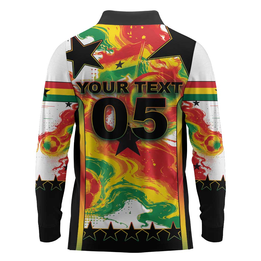 Custom Ghana Football Long Sleeve Polo Shirt African Pride Flag Colors Flame