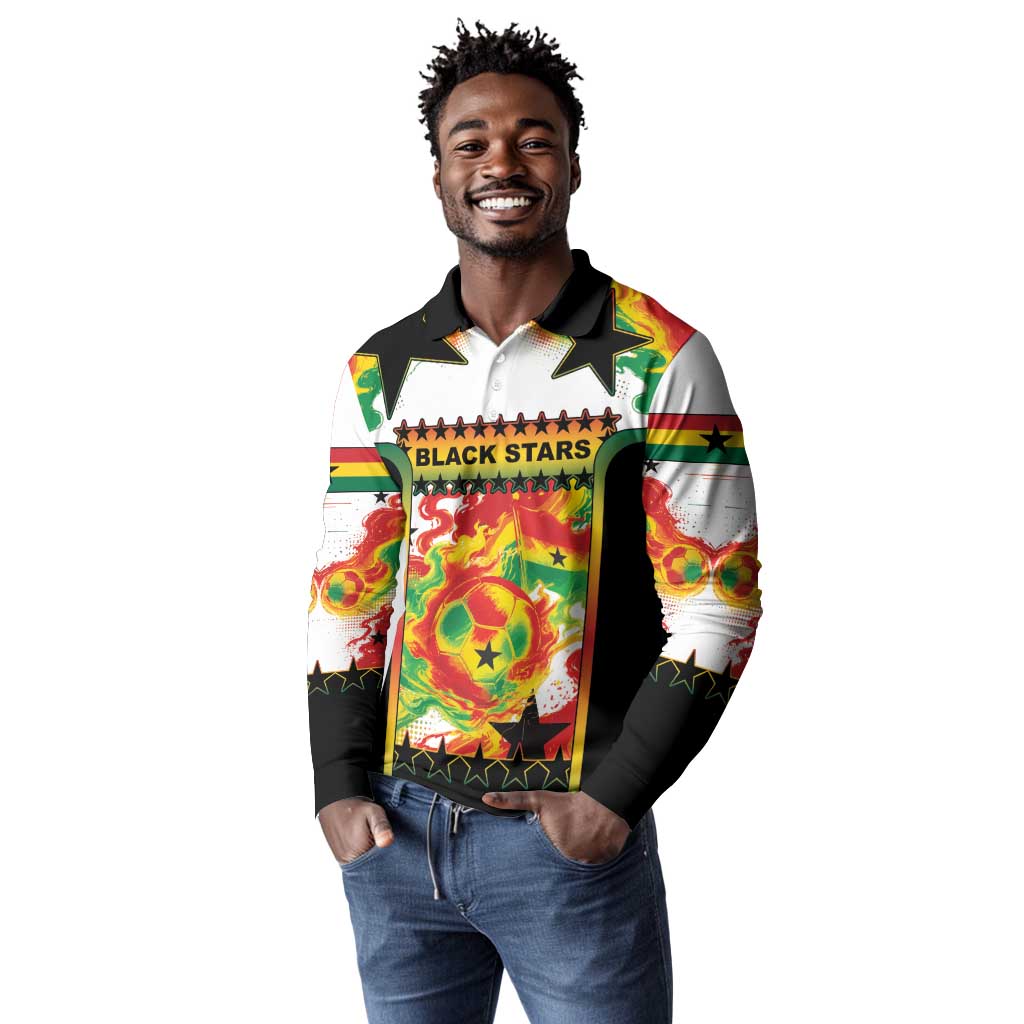 Custom Ghana Football Long Sleeve Polo Shirt African Pride Flag Colors Flame