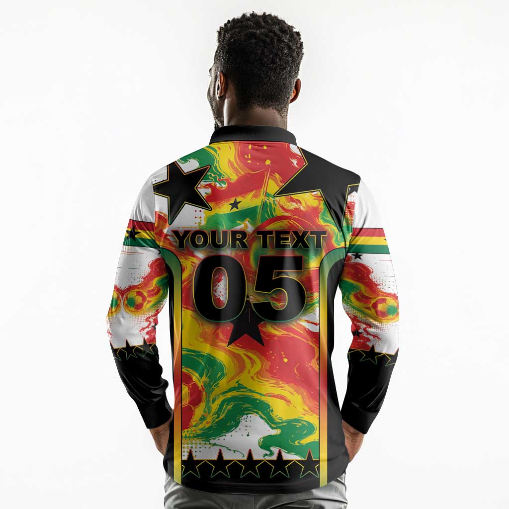 Custom Ghana Football Long Sleeve Polo Shirt African Pride Flag Colors Flame