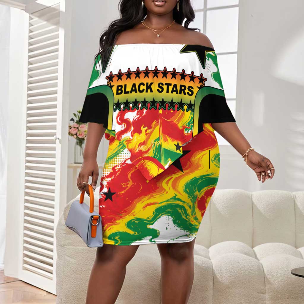 Custom Ghana Football Off Shoulder Short Dress African Pride Flag Colors Flame