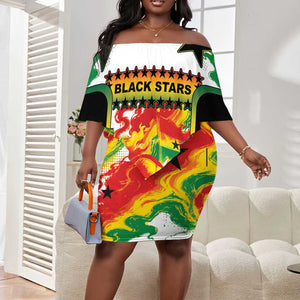 Custom Ghana Football Off Shoulder Short Dress African Pride Flag Colors Flame