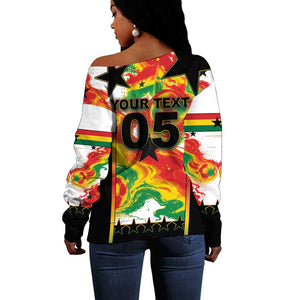 Custom Ghana Football Off Shoulder Sweater African Pride Flag Colors Flame