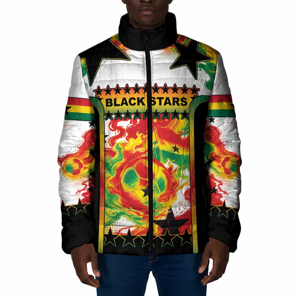 Custom Ghana Football Padded Jacket African Pride Flag Colors Flame