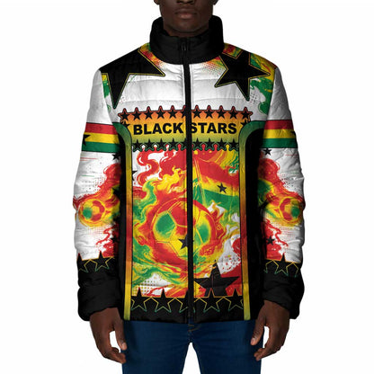 Custom Ghana Football Padded Jacket African Pride Flag Colors Flame
