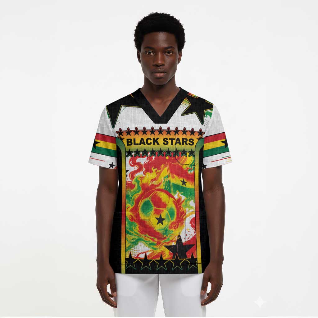Custom Ghana Football Scrub Top African Pride Flag Colors Flame