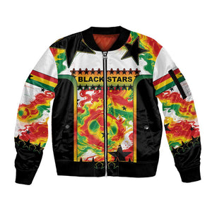 Custom Ghana Football Sleeve Zip Bomber Jacket African Pride Flag Colors Flame
