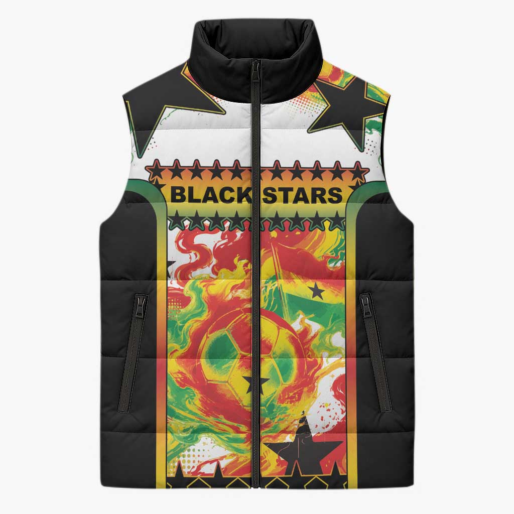 Custom Ghana Football Sleeveless Puffer Jacket African Pride Flag Colors Flame