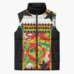 Custom Ghana Football Sleeveless Puffer Jacket African Pride Flag Colors Flame