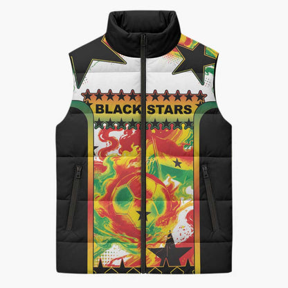 Custom Ghana Football Sleeveless Puffer Jacket African Pride Flag Colors Flame