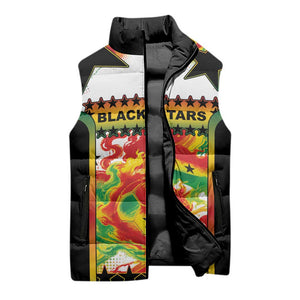Custom Ghana Football Sleeveless Puffer Jacket African Pride Flag Colors Flame