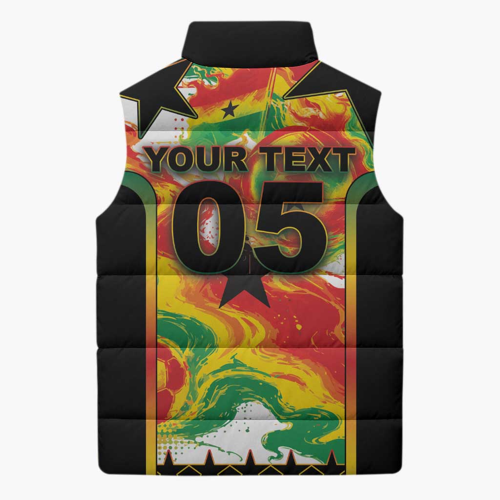 Custom Ghana Football Sleeveless Puffer Jacket African Pride Flag Colors Flame