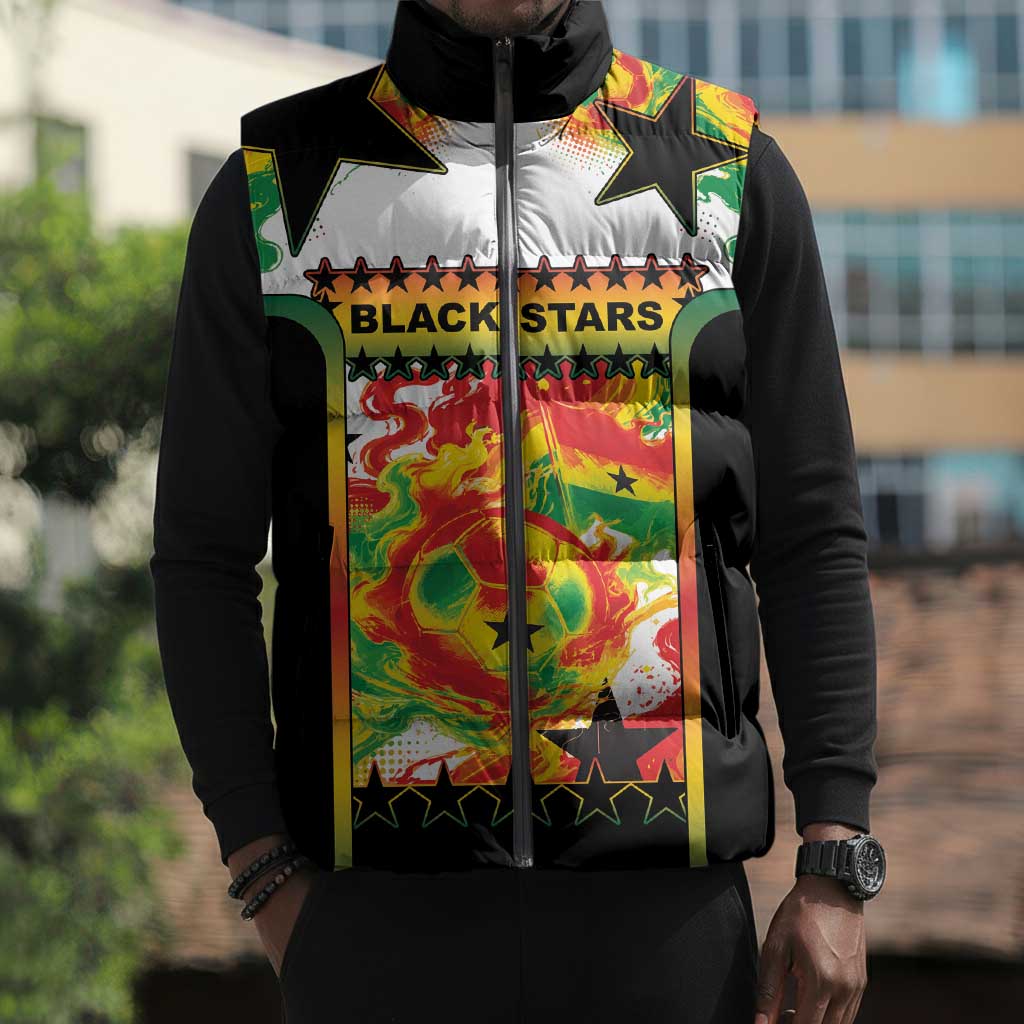 Custom Ghana Football Sleeveless Puffer Jacket African Pride Flag Colors Flame