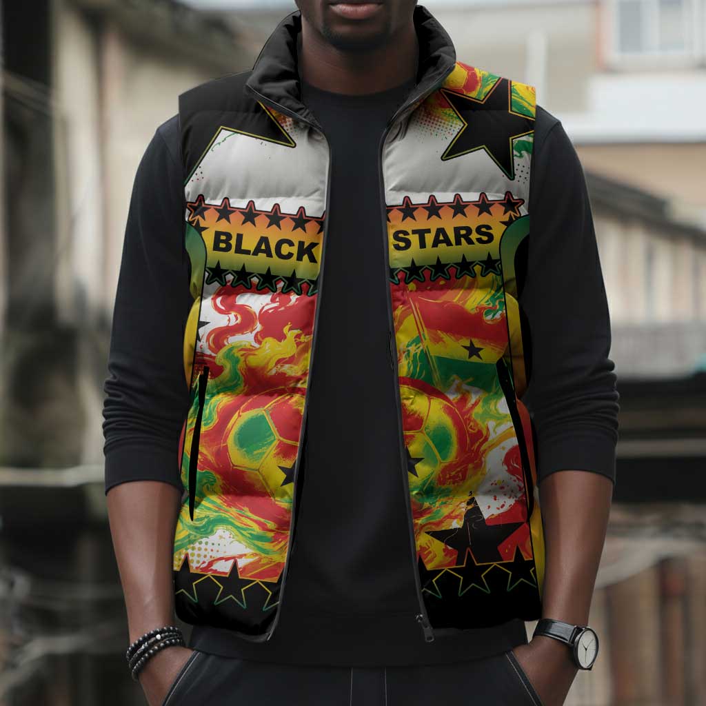 Custom Ghana Football Sleeveless Puffer Jacket African Pride Flag Colors Flame