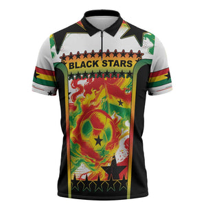 Custom Ghana Football Zipper Polo Shirt African Pride Flag Colors Flame