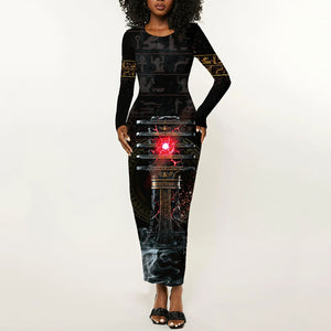 Egypt Djed Long Sleeve Bodycon Dress Glow Smoky Dark Style