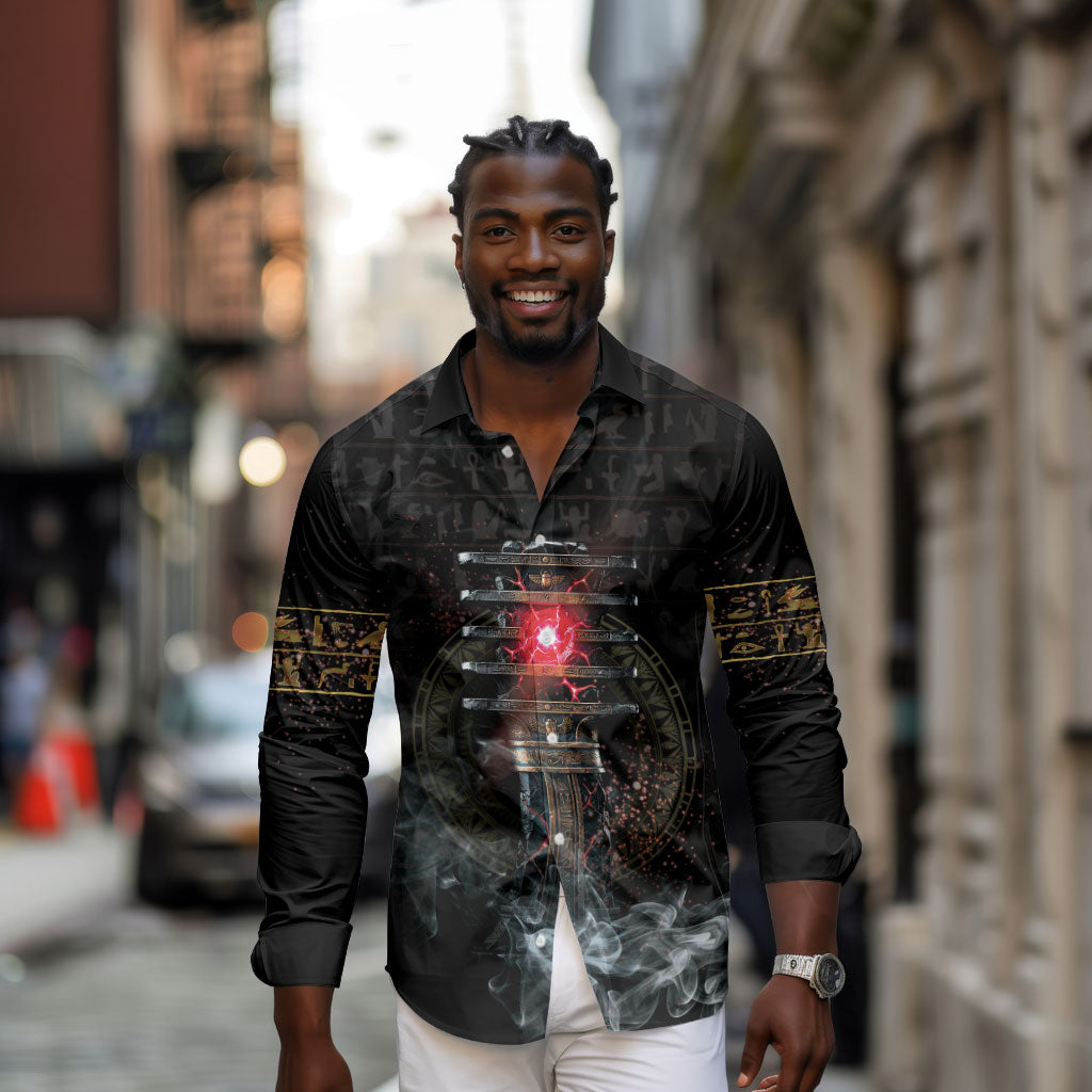 Egypt Djed Long Sleeve Button Shirt Glow Smoky Dark Style