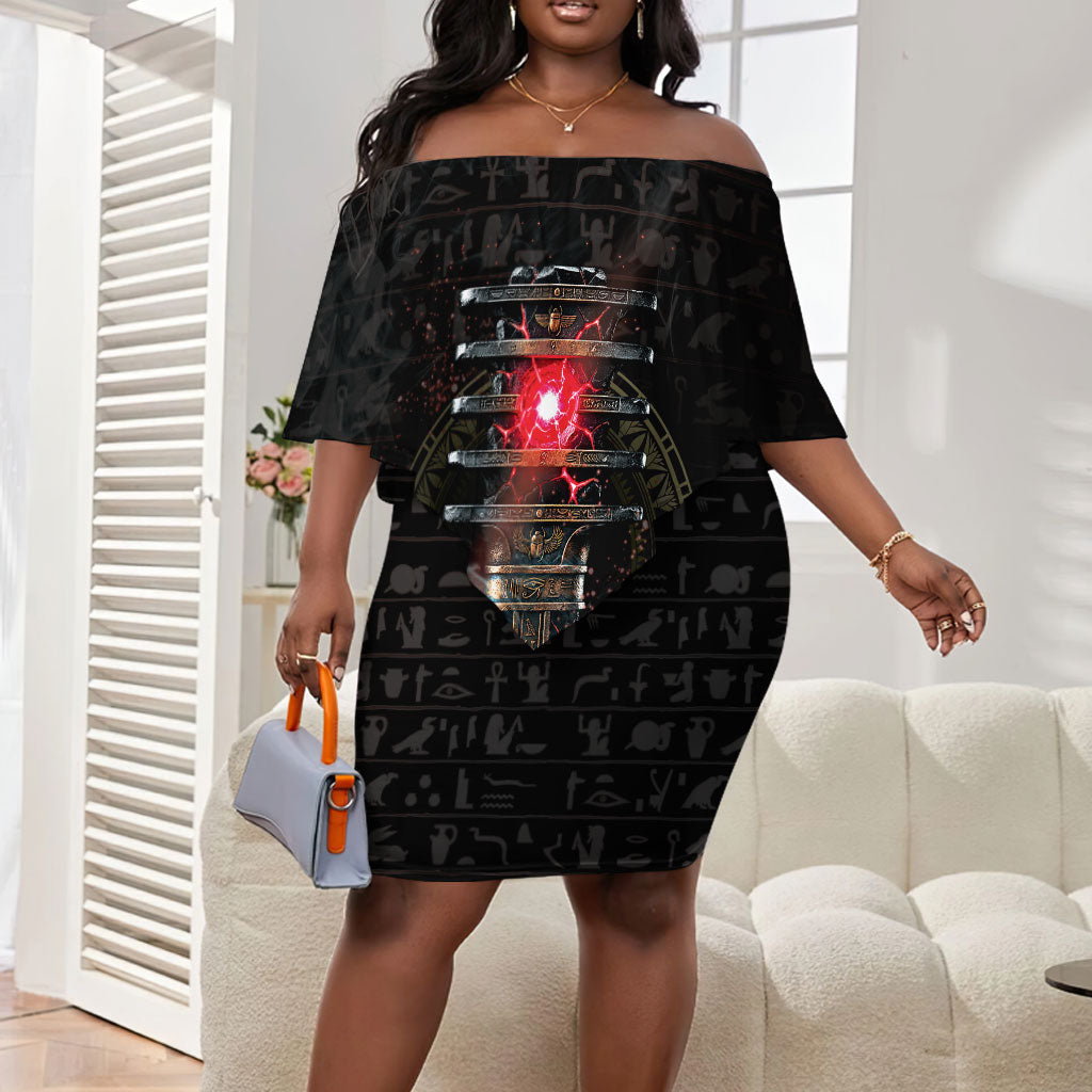 Egypt Djed Off Shoulder Short Dress Glow Smoky Dark Style