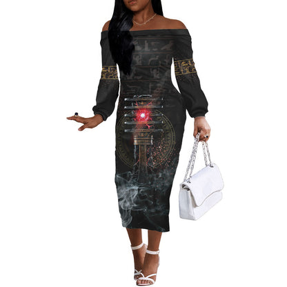 Egypt Djed Off The Shoulder Long Sleeve Dress Glow Smoky Dark Style