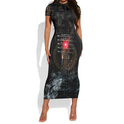 Egypt Djed Short Sleeve Bodycon Dress Glow Smoky Dark Style