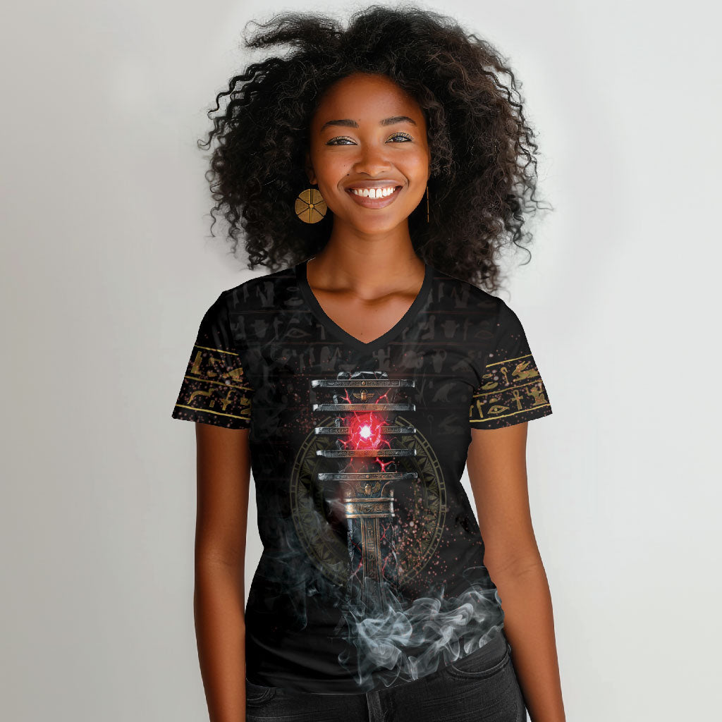 Egypt Djed Women V-Neck T-Shirt Glow Smoky Dark Style