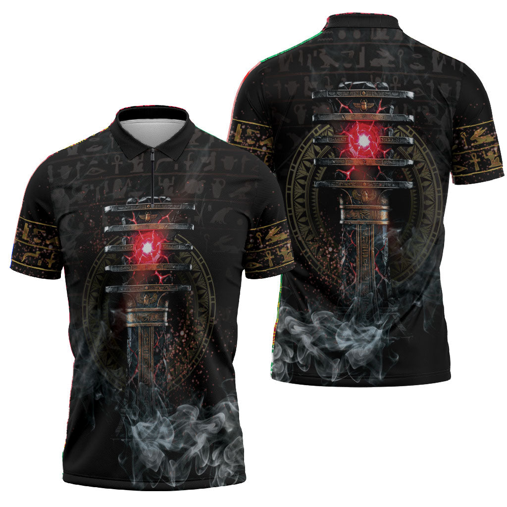 Egypt Djed Zipper Polo Shirt Glow Smoky Dark Style