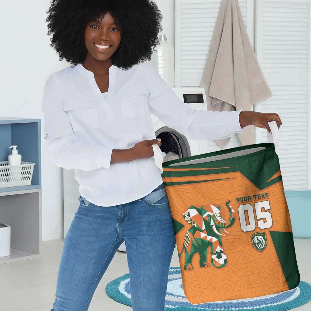 Custom Ivory Coast Football Laundry Basket Elephant Geometric African Art Style