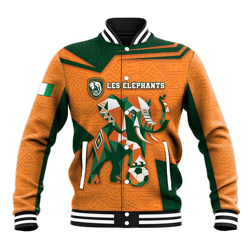 Custom Ivory Coast Football Baseball Jacket Elephant Geometric African Art Style