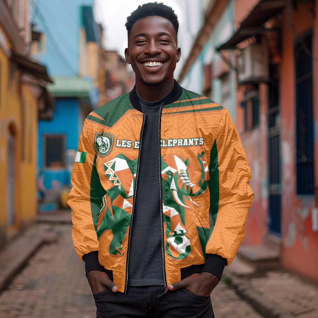 Custom Ivory Coast Football Bomber Jacket Elephant Geometric African Art Style