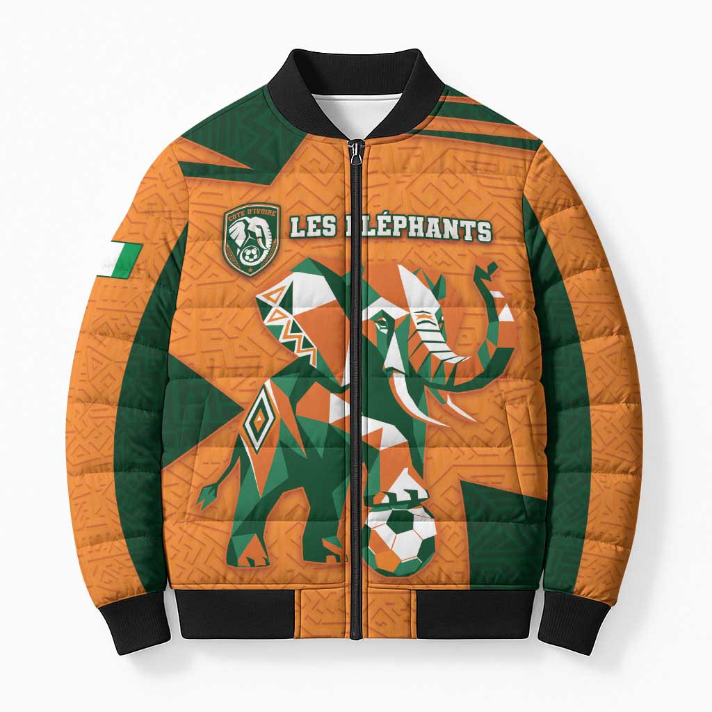 Custom Ivory Coast Football Bomber Puffer Jacket Elephant Geometric African Art Style