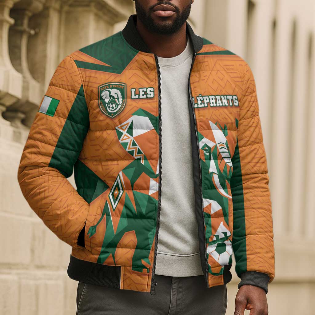 Custom Ivory Coast Football Bomber Puffer Jacket Elephant Geometric African Art Style