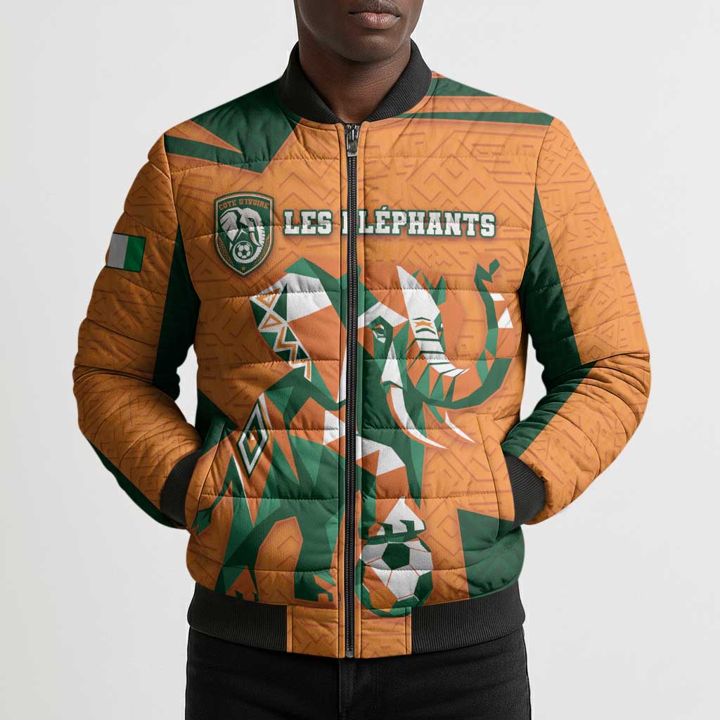 Custom Ivory Coast Football Bomber Puffer Jacket Elephant Geometric African Art Style