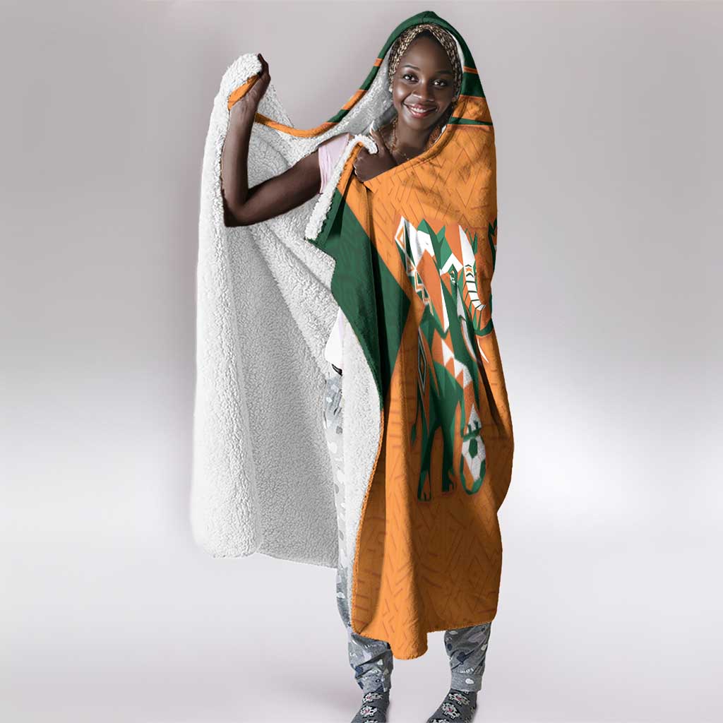 Custom Ivory Coast Football Hooded Blanket Elephant Geometric African Art Style