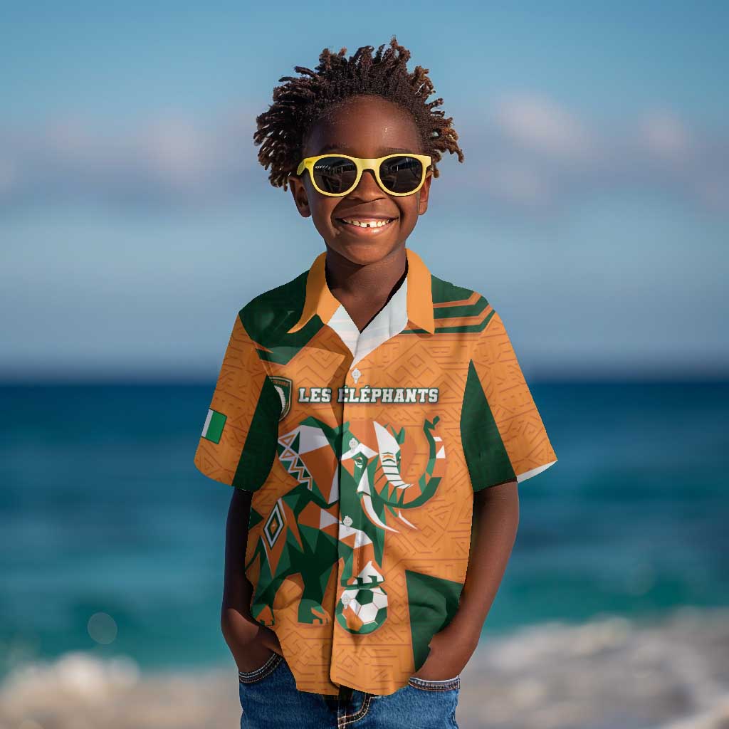 Custom Ivory Coast Football Kid Hawaiian Shirt Elephant Geometric African Art Style