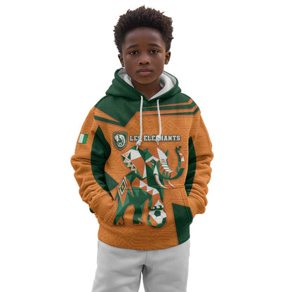 Custom Ivory Coast Football Kid Hoodie Elephant Geometric African Art Style