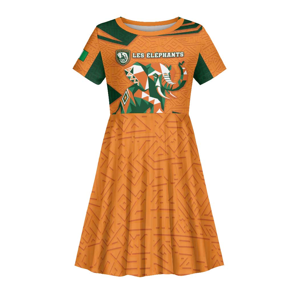 Custom Ivory Coast Football Kid Short Sleeve Dress Elephant Geometric African Art Style