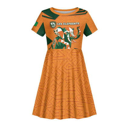 Custom Ivory Coast Football Kid Short Sleeve Dress Elephant Geometric African Art Style