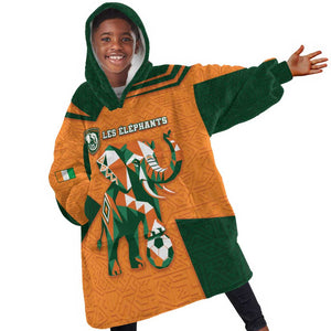 Custom Ivory Coast Football Kid Wearable Blanket Hoodie Elephant Geometric African Art Style