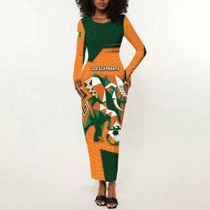 Custom Ivory Coast Football Long Sleeve Bodycon Dress Elephant Geometric African Art Style