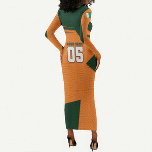 Custom Ivory Coast Football Long Sleeve Bodycon Dress Elephant Geometric African Art Style