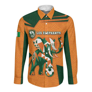 Custom Ivory Coast Football Long Sleeve Button Shirt Elephant Geometric African Art Style
