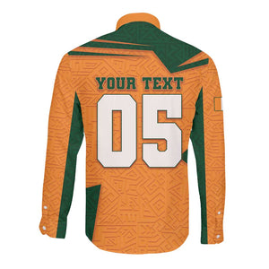 Custom Ivory Coast Football Long Sleeve Button Shirt Elephant Geometric African Art Style