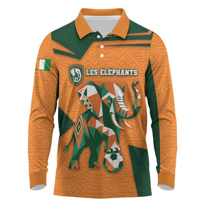 Custom Ivory Coast Football Long Sleeve Polo Shirt Elephant Geometric African Art Style
