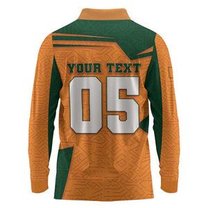 Custom Ivory Coast Football Long Sleeve Polo Shirt Elephant Geometric African Art Style