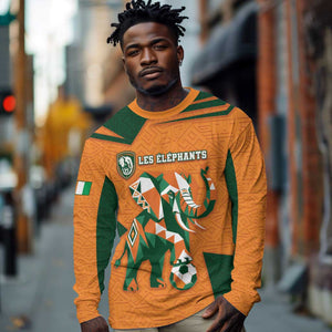 Custom Ivory Coast Football Long Sleeve Shirt Elephant Geometric African Art Style