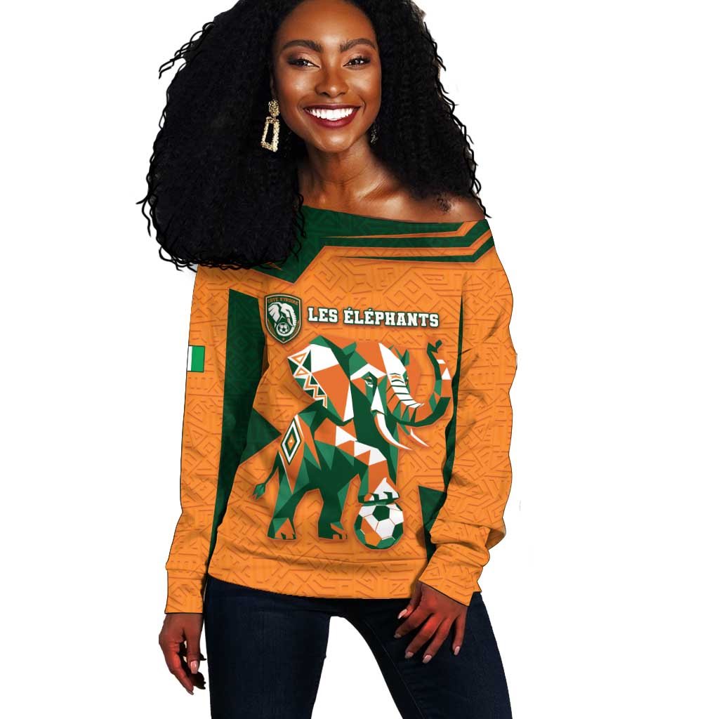 Custom Ivory Coast Football Off Shoulder Sweater Elephant Geometric African Art Style