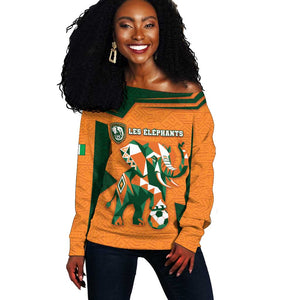 Custom Ivory Coast Football Off Shoulder Sweater Elephant Geometric African Art Style