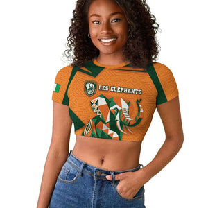 Custom Ivory Coast Football Raglan Cropped T shirt Elephant Geometric African Art Style