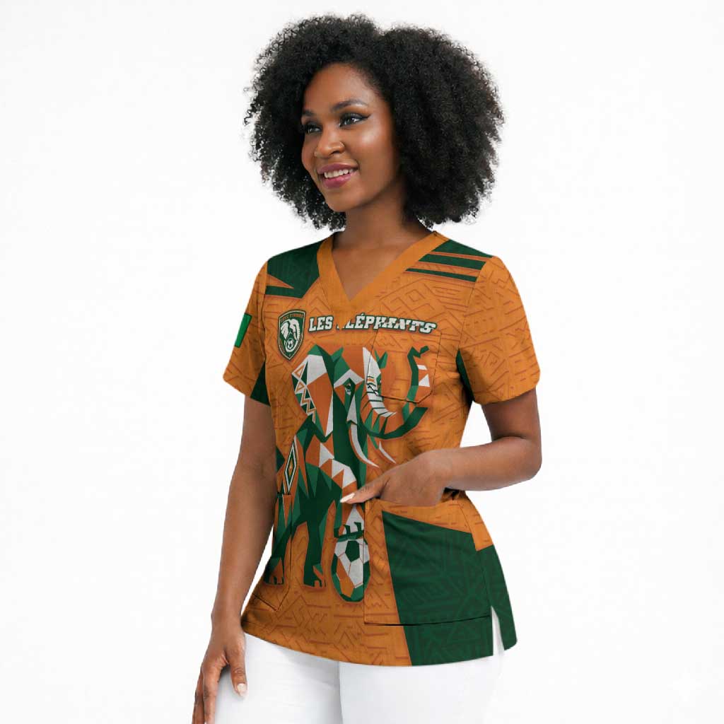 Custom Ivory Coast Football Scrub Top Elephant Geometric African Art Style