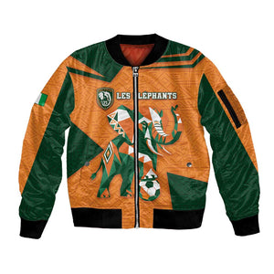 Custom Ivory Coast Football Sleeve Zip Bomber Jacket Elephant Geometric African Art Style